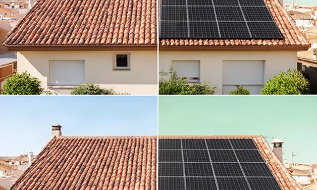 Antes y después de un tejado residencial en Zaragoza con paneles fotovoltaicos negros perfectamente alineados
