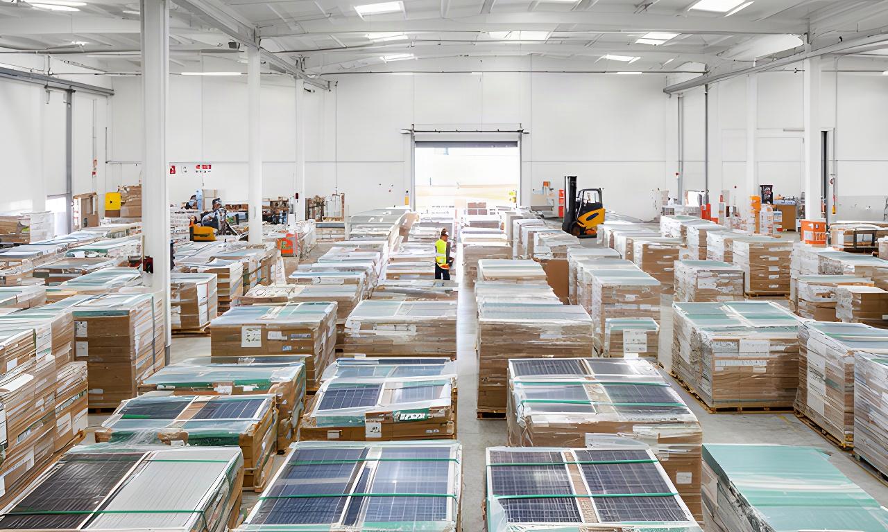 Almacén logístico de paneles solares embalados y listos para su distribución por España y Portugal