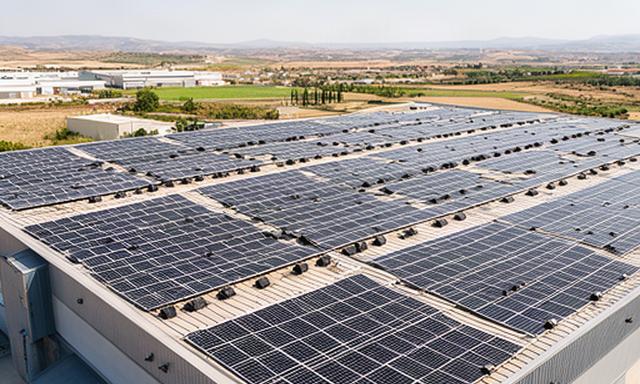 Cubierta de nave industrial en el Polígono de Zuera cubierta con filas ordenadas de paneles solares