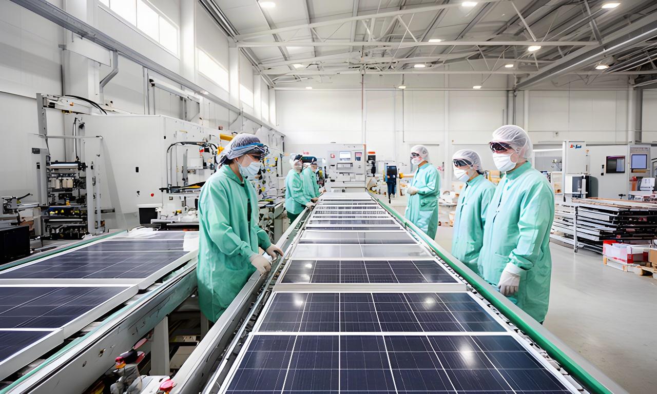 Nave de producción de paneles solares de Quasar Generación Solar S.L. en Zuera, con operarios junto a una línea automatizada