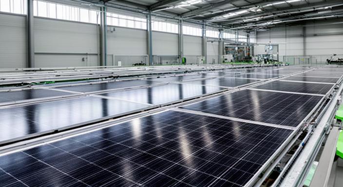 Paneles solares fotovoltaicos de capa fina alineados en la fábrica de Quasar Generación Solar S.L. en Zuera, Aragón