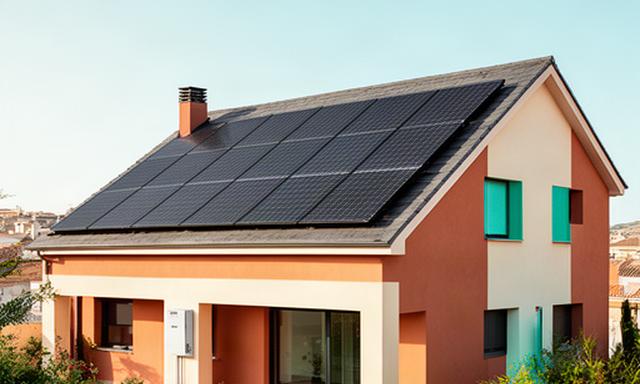 Vivienda unifamiliar en Zaragoza con paneles solares integrados en el tejado y cielo despejado