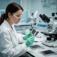 Alayne Modroño, ingeniera de producto, analizando muestras de células fotovoltaicas en el laboratorio