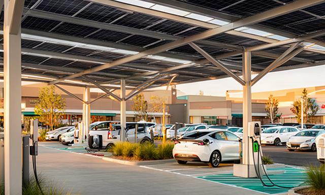 Marquesina solar sobre el aparcamiento de un centro comercial con vehículos eléctricos conectados a puntos de recarga