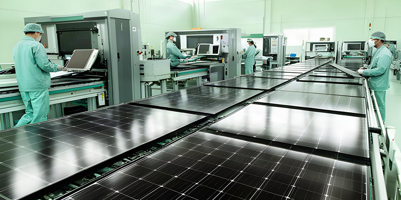 Línea de producción de paneles solares fotovoltaicos en una fábrica de Zuera, con módulos negros pasando por controles de calidad