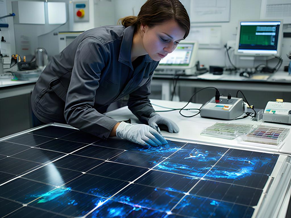 Técnica revisando un panel solar en el laboratorio de calidad mediante una prueba de electroluminiscencia